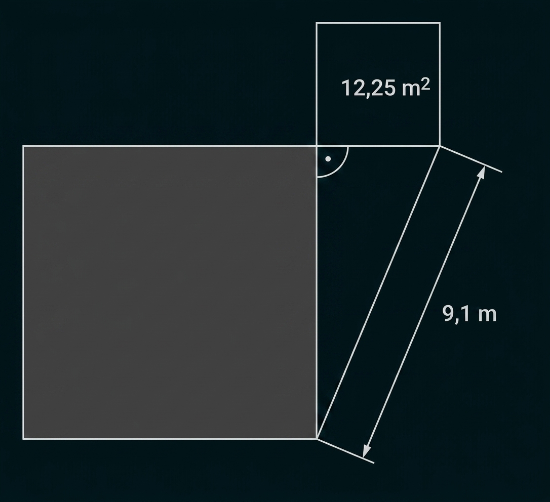 Geometrische Skizze mit Flächenangabe 12,25 m² und Länge 9,1 m
